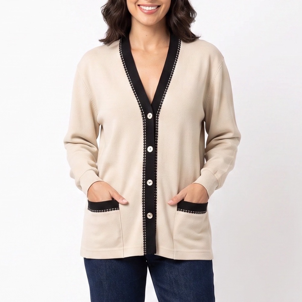 eccobay Cardigan Womens Large 2 Cream Black Contrast Trim Excellent